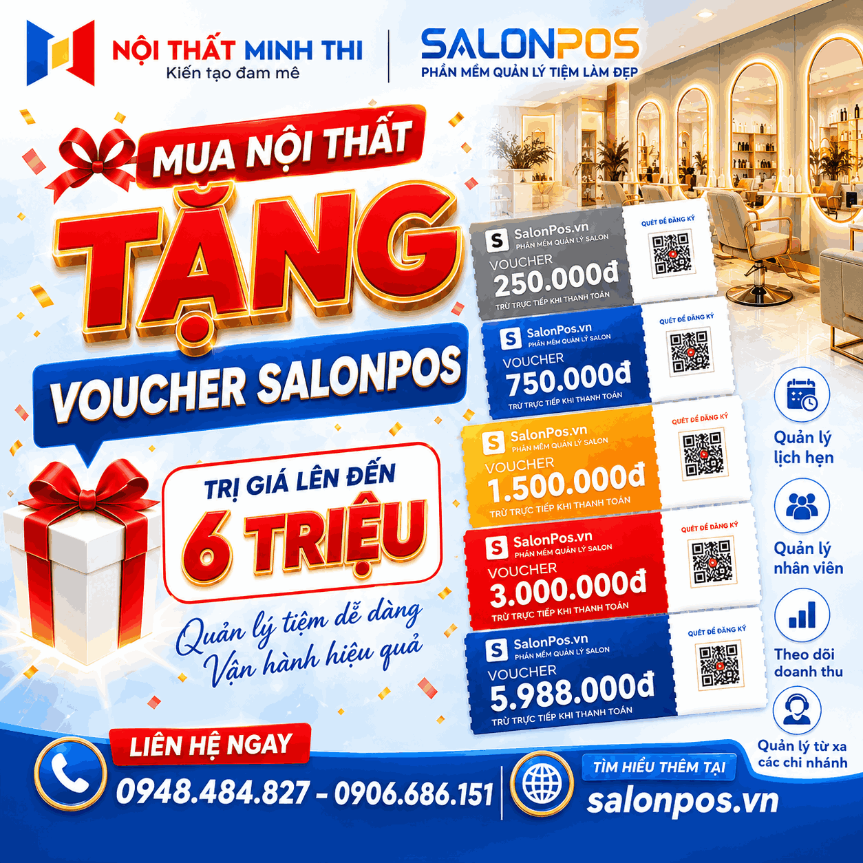Mua nội thất salon, spa, barber nhận ngay Voucher SalonPos đến gần 6 triệu đồng